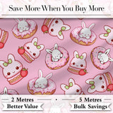 Cute Kawaii Bunny Donuts Strawberry Dessert  Pattern Soft Pink Background Digital Print Fabric by the Metre UK Sewing Quilting Textile