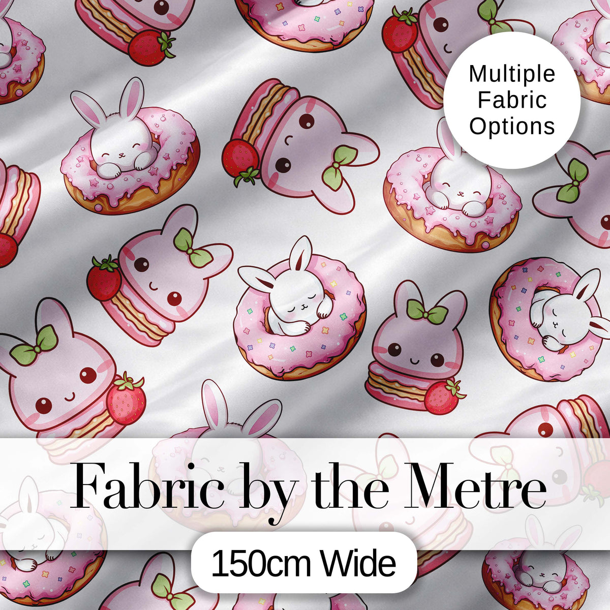 Cute Kawaii Bunny Donuts Strawberry Dessert  Pattern Light Grey Background Digital Print Fabric by the Metre UK Sewing Quilting Textile