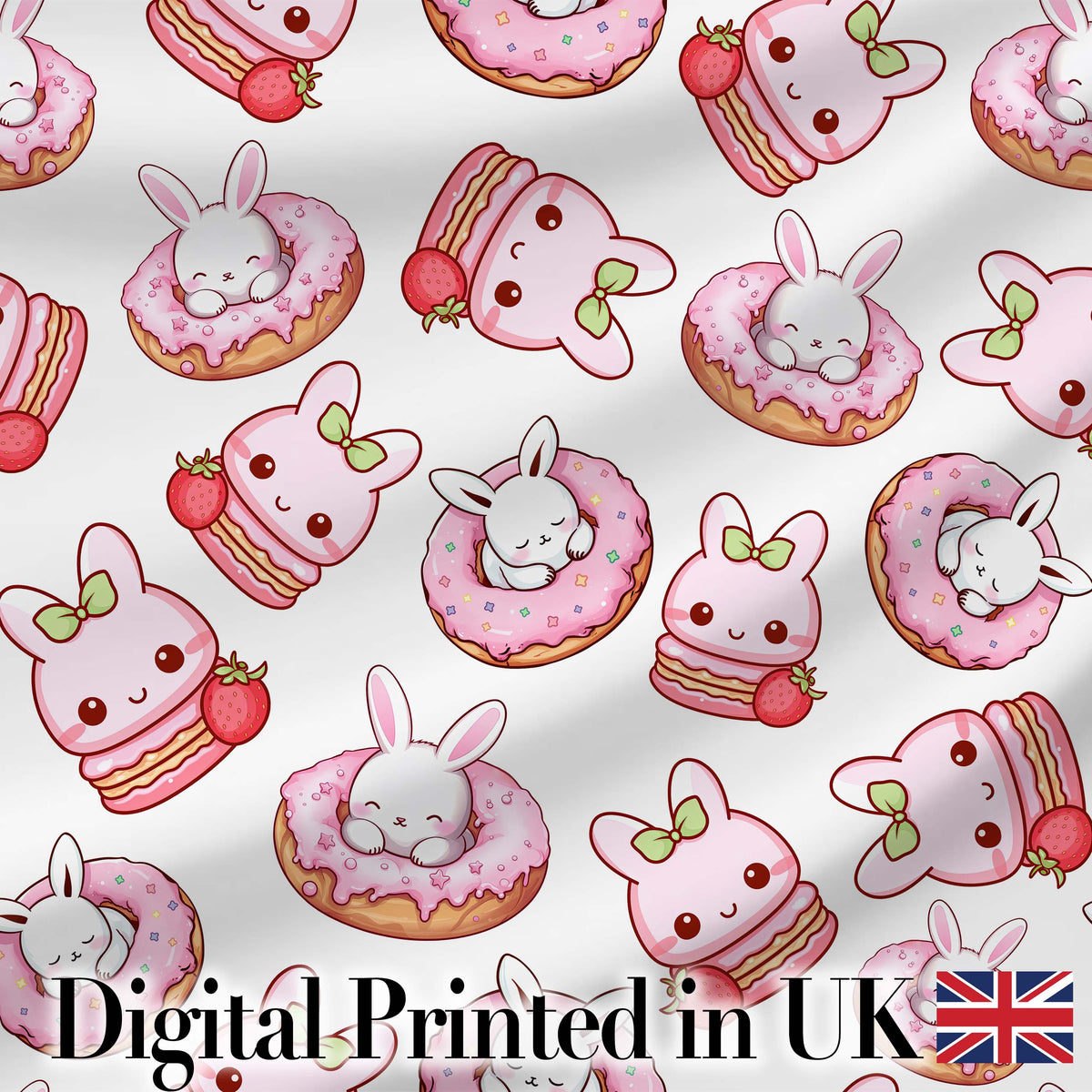 Cute Kawaii Bunny Donuts Strawberry Dessert  Pattern Light Grey Background Digital Print Fabric by the Metre UK Sewing Quilting Textile
