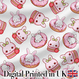 Cute Kawaii Bunny Donuts Strawberry Dessert  Pattern Light Grey Background Digital Print Fabric by the Metre UK Sewing Quilting Textile