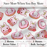Cute Kawaii Bunny Donuts Strawberry Dessert  Pattern Light Grey Background Digital Print Fabric by the Metre UK Sewing Quilting Textile