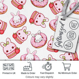 Cute Kawaii Bunny Donuts Strawberry Dessert  Pattern Light Grey Background Digital Print Fabric by the Metre UK Sewing Quilting Textile