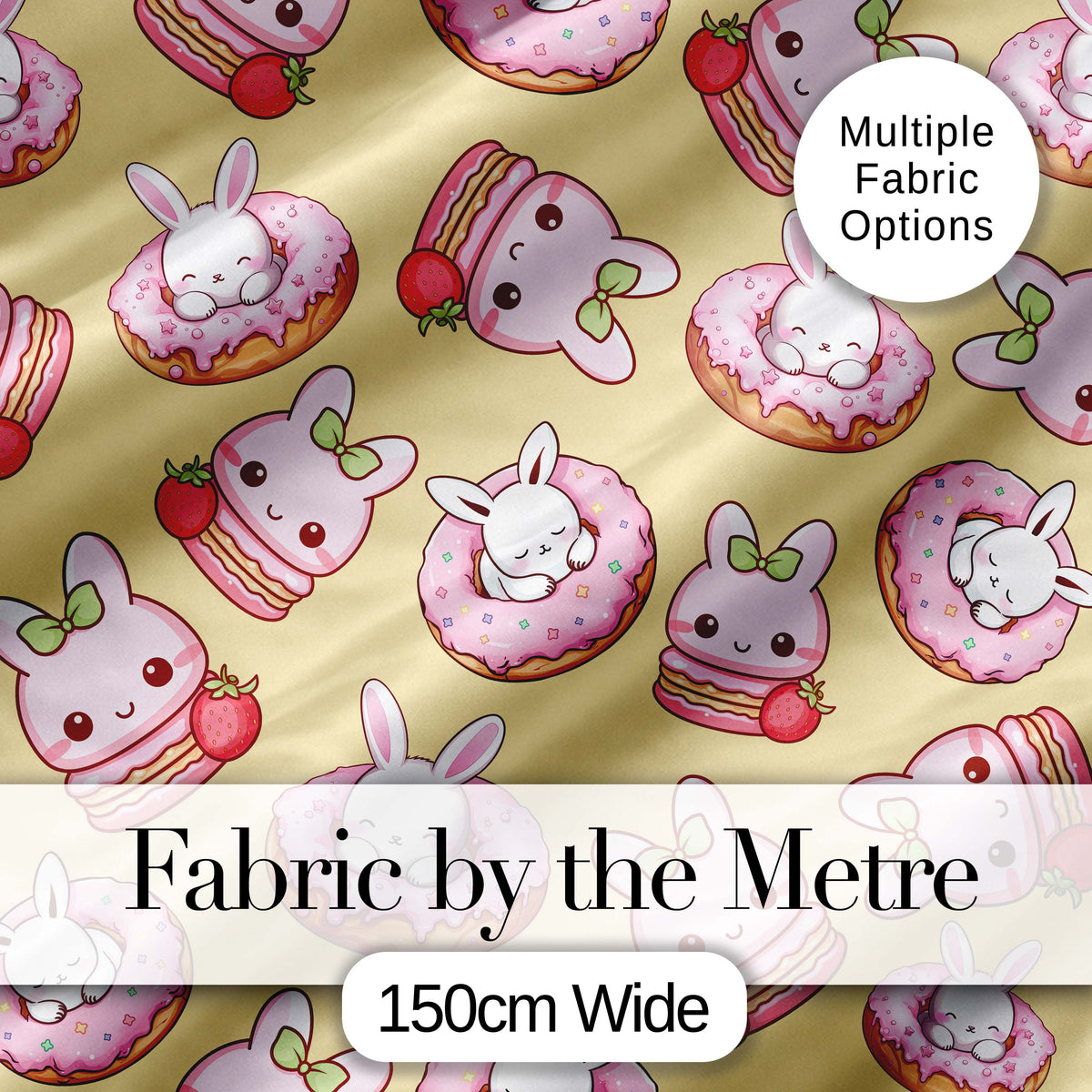 Cute Kawaii Bunny Donuts Strawberry Dessert  Pattern Pastel Yellow Background Digital Print Fabric by the Metre UK Sewing Quilting Textile