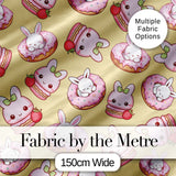Cute Kawaii Bunny Donuts Strawberry Dessert  Pattern Pastel Yellow Background Digital Print Fabric by the Metre UK Sewing Quilting Textile