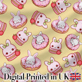 Cute Kawaii Bunny Donuts Strawberry Dessert  Pattern Pastel Yellow Background Digital Print Fabric by the Metre UK Sewing Quilting Textile