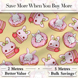 Cute Kawaii Bunny Donuts Strawberry Dessert  Pattern Pastel Yellow Background Digital Print Fabric by the Metre UK Sewing Quilting Textile