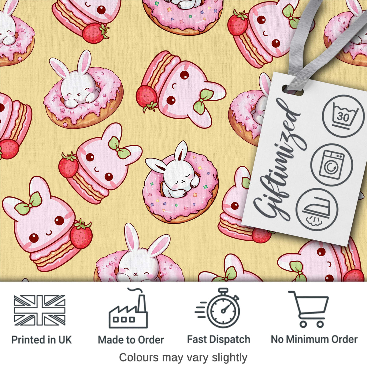 Cute Kawaii Bunny Donuts Strawberry Dessert  Pattern Pastel Yellow Background Digital Print Fabric by the Metre UK Sewing Quilting Textile
