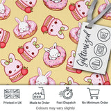 Cute Kawaii Bunny Donuts Strawberry Dessert  Pattern Pastel Yellow Background Digital Print Fabric by the Metre UK Sewing Quilting Textile