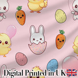 Cute Easter Bunny Chick Eggs Carrot Cute Seamless Pattern Blush Background Digital Print Fabric by the Metre UK Sewing Quilting Textile