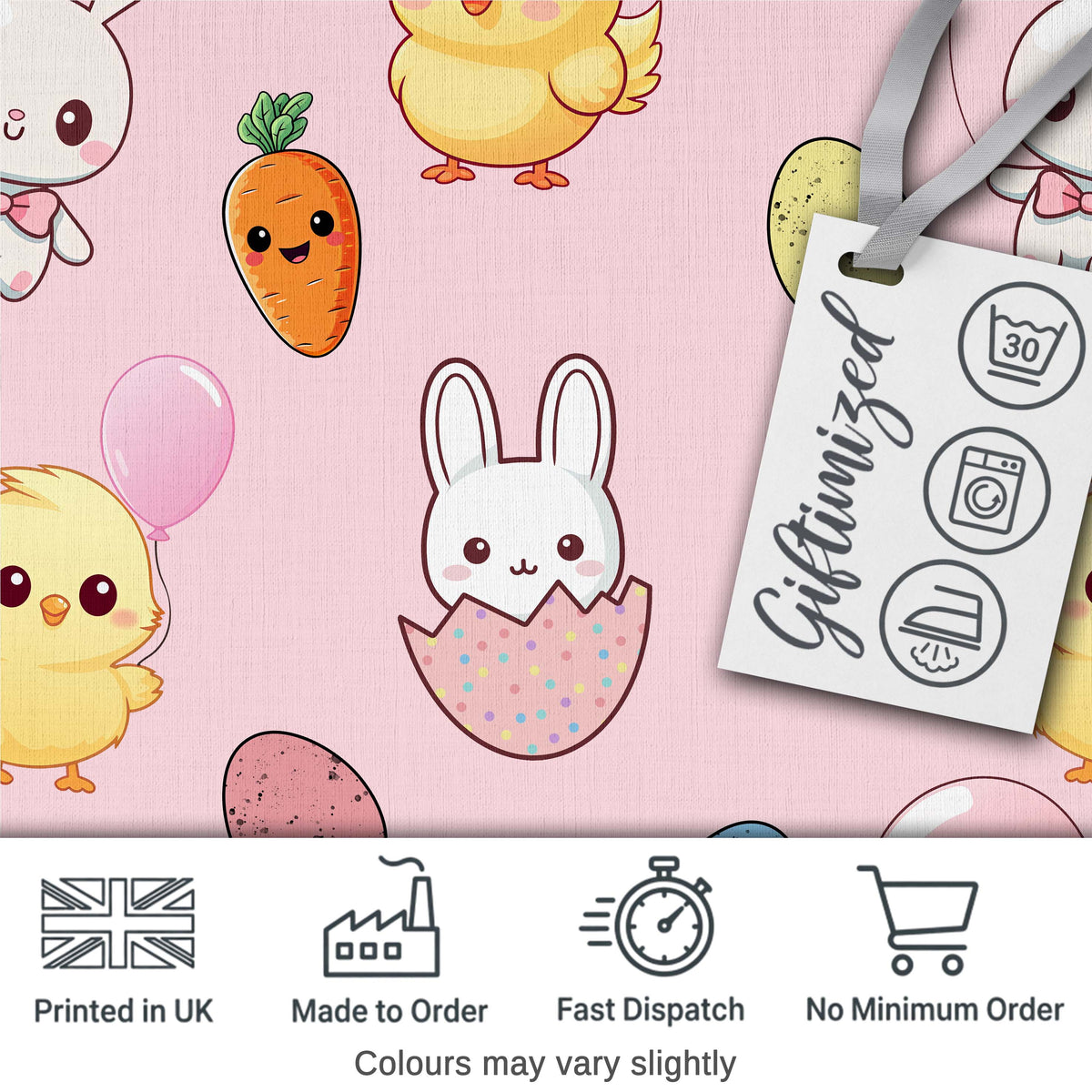 Cute Easter Bunny Chick Eggs Carrot Cute Seamless Pattern Blush Background Digital Print Fabric by the Metre UK Sewing Quilting Textile