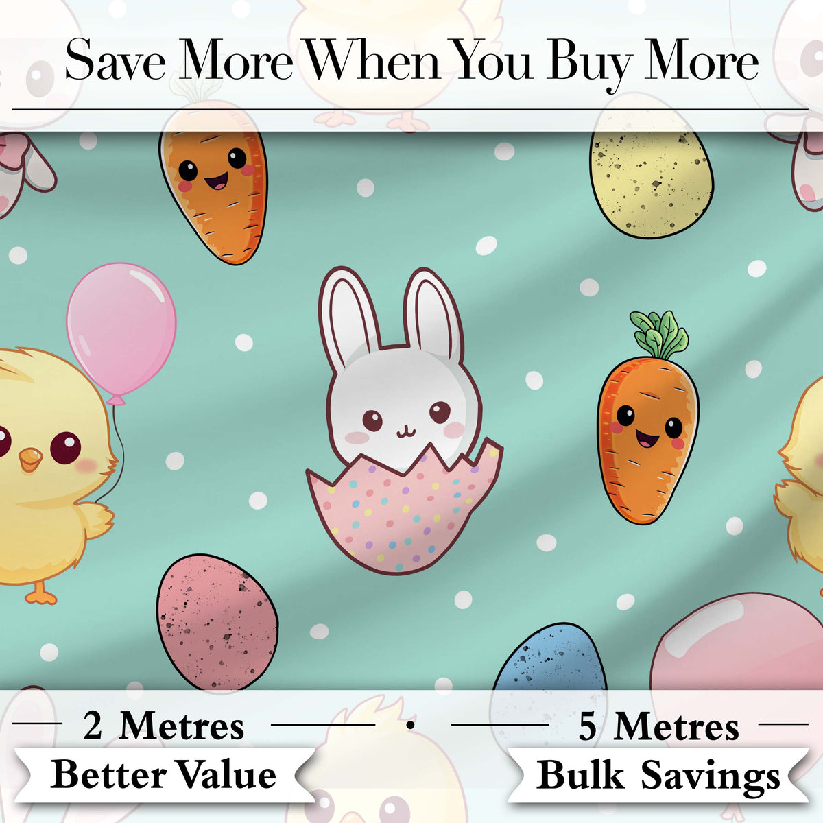 Cute Easter Bunny Chick Carrots Eggs Polka Dot Seamless Pattern Mint Background Digital Print Fabric by the Metre UK Sewing Quilting Textile