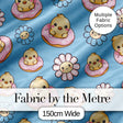 Cute Baby Chick Donut Flowers Seamless Pattern Blue Background Digital Print Fabric by the Metre UK Sewing Quilting Textile