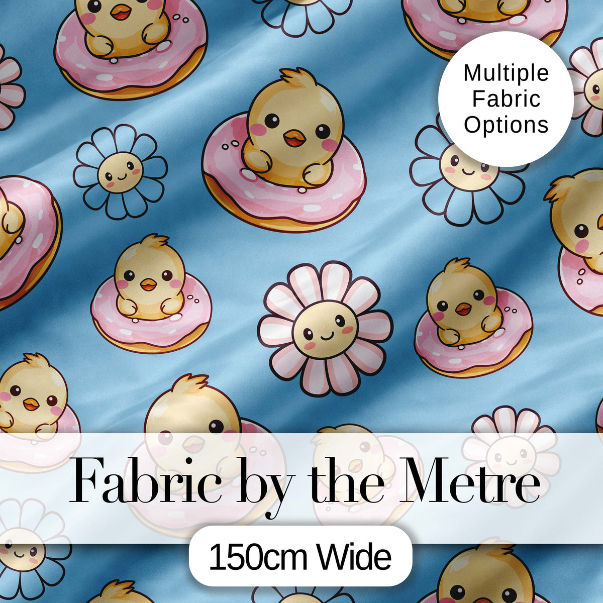 Cute Baby Chick Donut Flowers Seamless Pattern Blue Background Digital Print Fabric by the Metre UK Sewing Quilting Textile