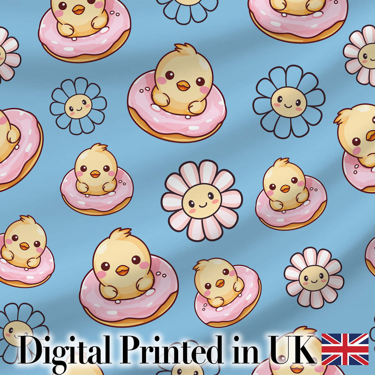 Cute Baby Chick Donut Flowers Seamless Pattern Blue Background Digital Print Fabric by the Metre UK Sewing Quilting Textile