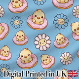 Cute Baby Chick Donut Flowers Seamless Pattern Blue Background Digital Print Fabric by the Metre UK Sewing Quilting Textile