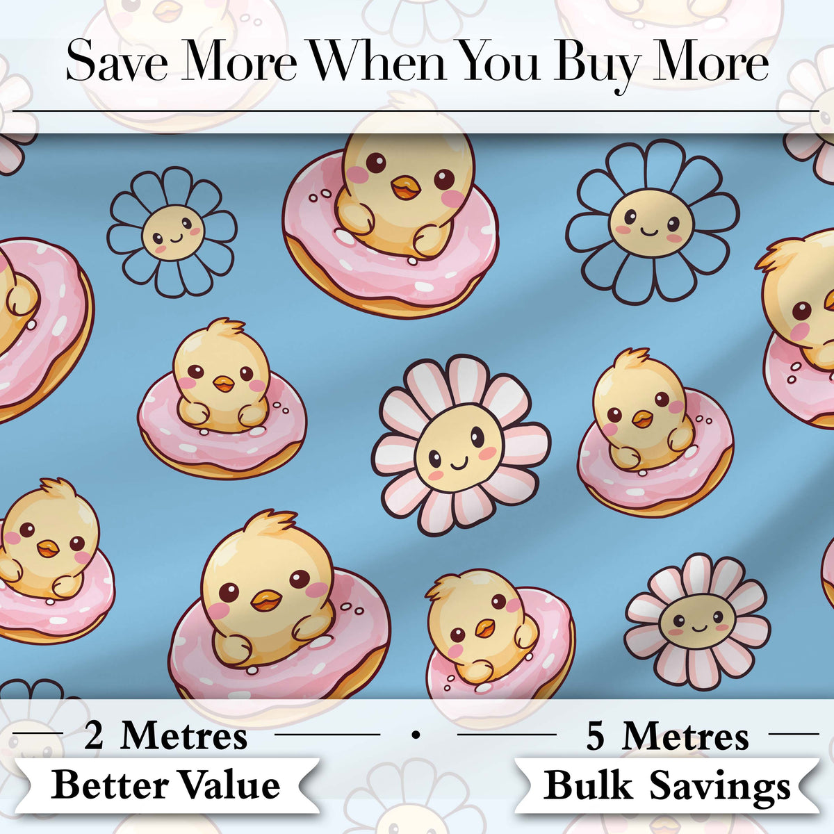Cute Baby Chick Donut Flowers Seamless Pattern Blue Background Digital Print Fabric by the Metre UK Sewing Quilting Textile