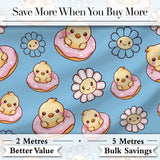 Cute Baby Chick Donut Flowers Seamless Pattern Blue Background Digital Print Fabric by the Metre UK Sewing Quilting Textile
