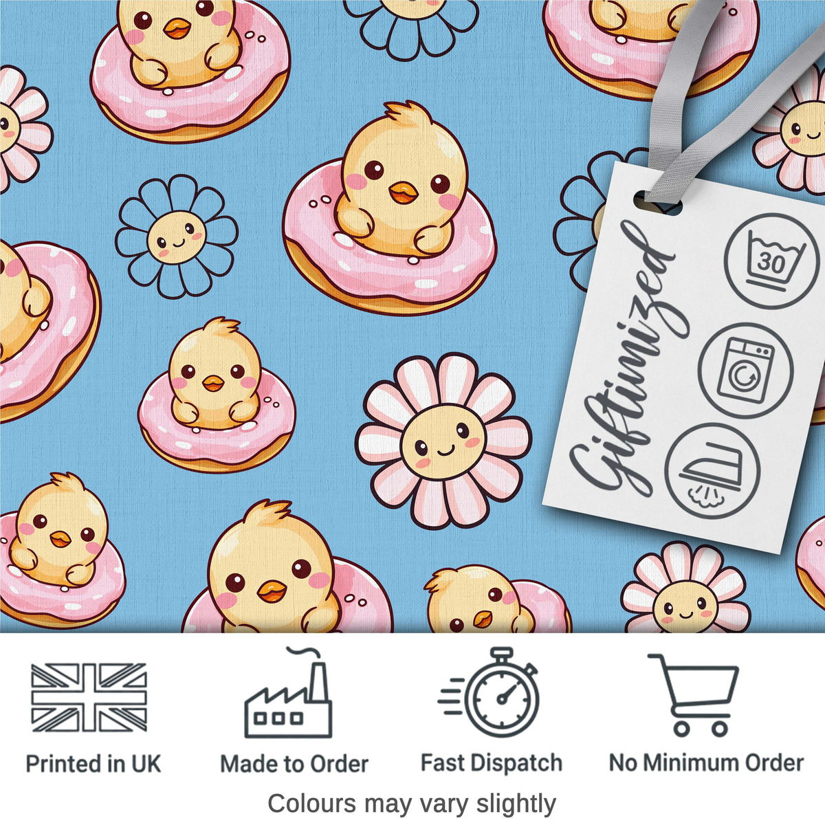 Cute Baby Chick Donut Flowers Seamless Pattern Blue Background Digital Print Fabric by the Metre UK Sewing Quilting Textile