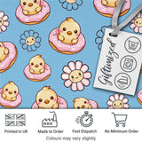 Cute Baby Chick Donut Flowers Seamless Pattern Blue Background Digital Print Fabric by the Metre UK Sewing Quilting Textile