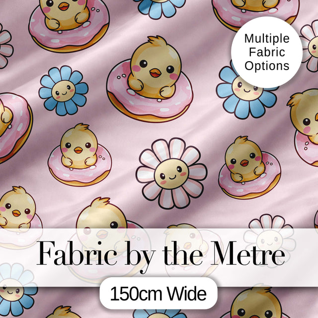 Cute Baby Chick Donut Flowers Seamless Pattern Light Pink Background Digital Print Fabric by the Metre UK Sewing Quilting Textile