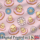 Cute Baby Chick Donut Flowers Seamless Pattern Light Pink Background Digital Print Fabric by the Metre UK Sewing Quilting Textile