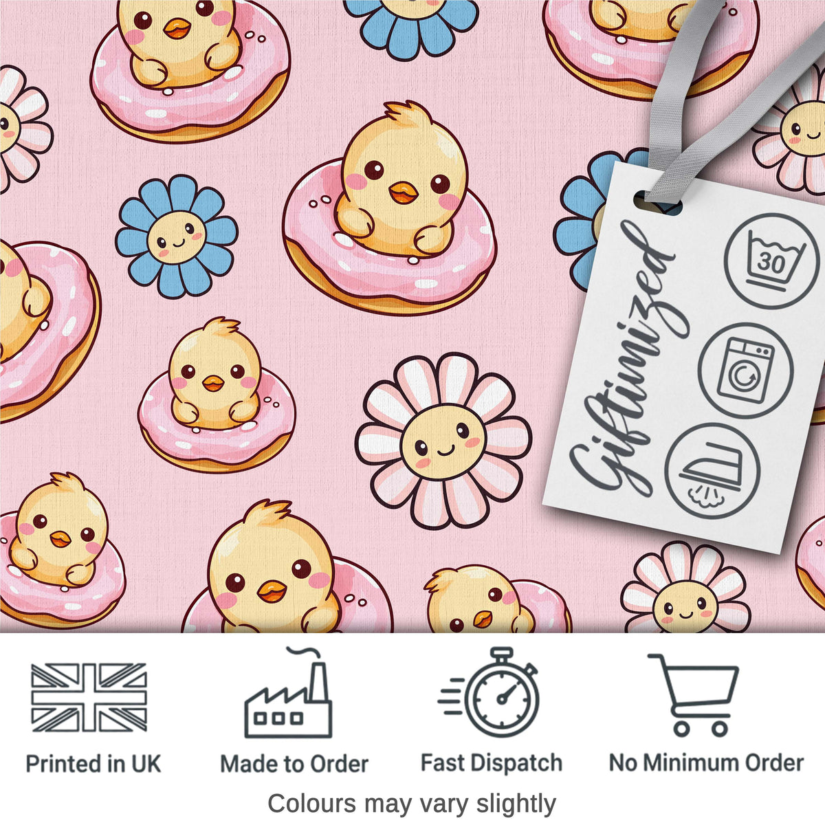 Cute Baby Chick Donut Flowers Seamless Pattern Light Pink Background Digital Print Fabric by the Metre UK Sewing Quilting Textile