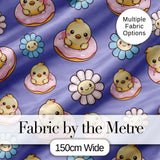 Cute Baby Chick Donut Flowers Seamless Pattern Purple Background Digital Print Fabric by the Metre UK Sewing Quilting Textile