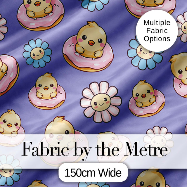Cute Baby Chick Donut Flowers Seamless Pattern Purple Background Digital Print Fabric by the Metre UK Sewing Quilting Textile