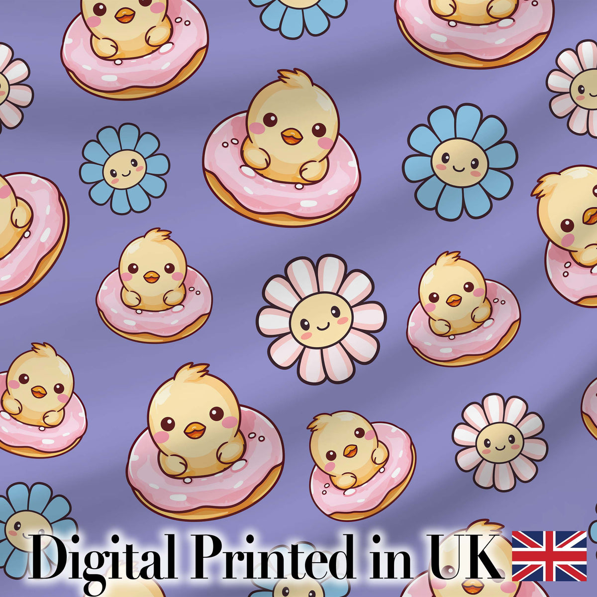 Cute Baby Chick Donut Flowers Seamless Pattern Purple Background Digital Print Fabric by the Metre UK Sewing Quilting Textile