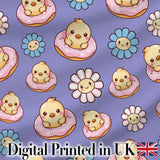 Cute Baby Chick Donut Flowers Seamless Pattern Purple Background Digital Print Fabric by the Metre UK Sewing Quilting Textile