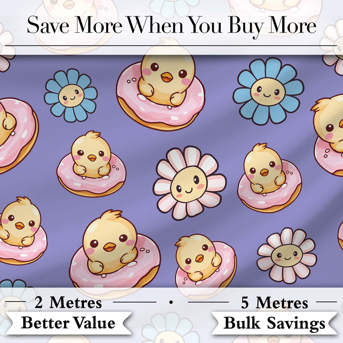 Cute Baby Chick Donut Flowers Seamless Pattern Purple Background Digital Print Fabric by the Metre UK Sewing Quilting Textile