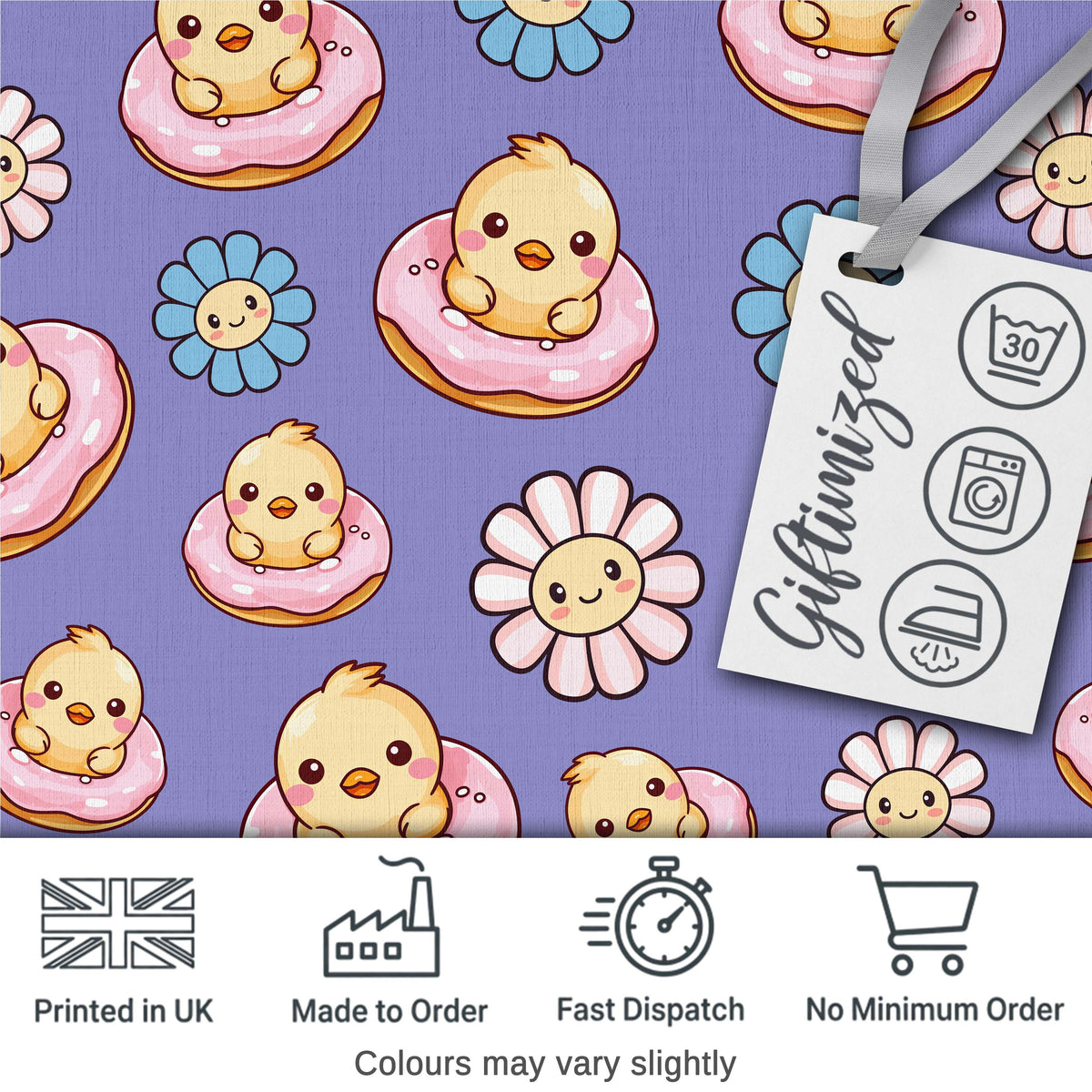 Cute Baby Chick Donut Flowers Seamless Pattern Purple Background Digital Print Fabric by the Metre UK Sewing Quilting Textile