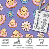 Cute Baby Chick Donut Flowers Seamless Pattern Purple Background Digital Print Fabric by the Metre UK Sewing Quilting Textile