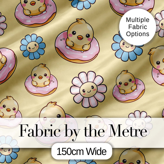 Cute Baby Chick Donut Flowers Seamless Pattern Pastel Yellow Background Digital Print Fabric by the Metre UK Sewing Quilting Textile