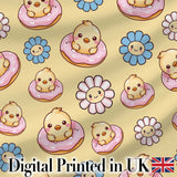 Cute Baby Chick Donut Flowers Seamless Pattern Pastel Yellow Background Digital Print Fabric by the Metre UK Sewing Quilting Textile