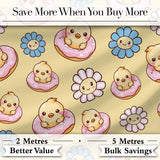 Cute Baby Chick Donut Flowers Seamless Pattern Pastel Yellow Background Digital Print Fabric by the Metre UK Sewing Quilting Textile
