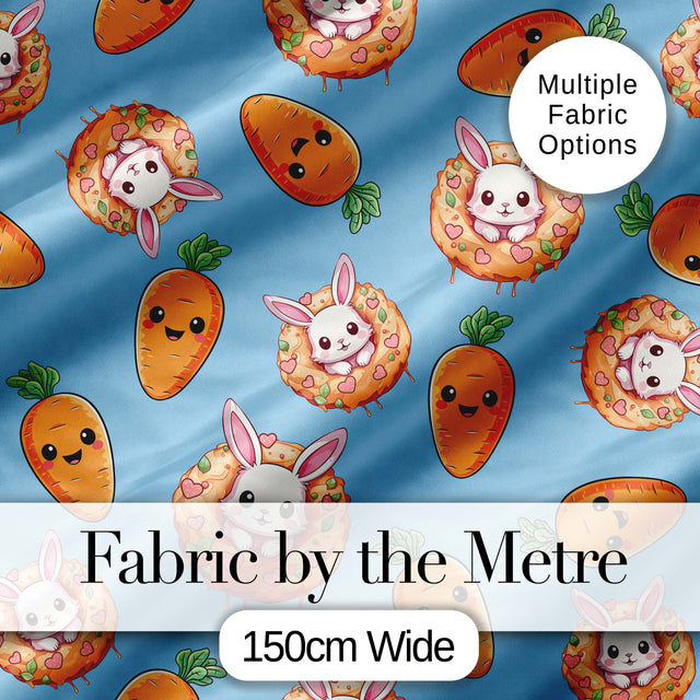 Cute Easter Bunny Carrot Donut Hearts Seamless Pattern Sky Blue Background Digital Print Fabric by the Metre UK Sewing Quilting Textile