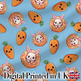 Cute Easter Bunny Carrot Donut Hearts Seamless Pattern Sky Blue Background Digital Print Fabric by the Metre UK Sewing Quilting Textile