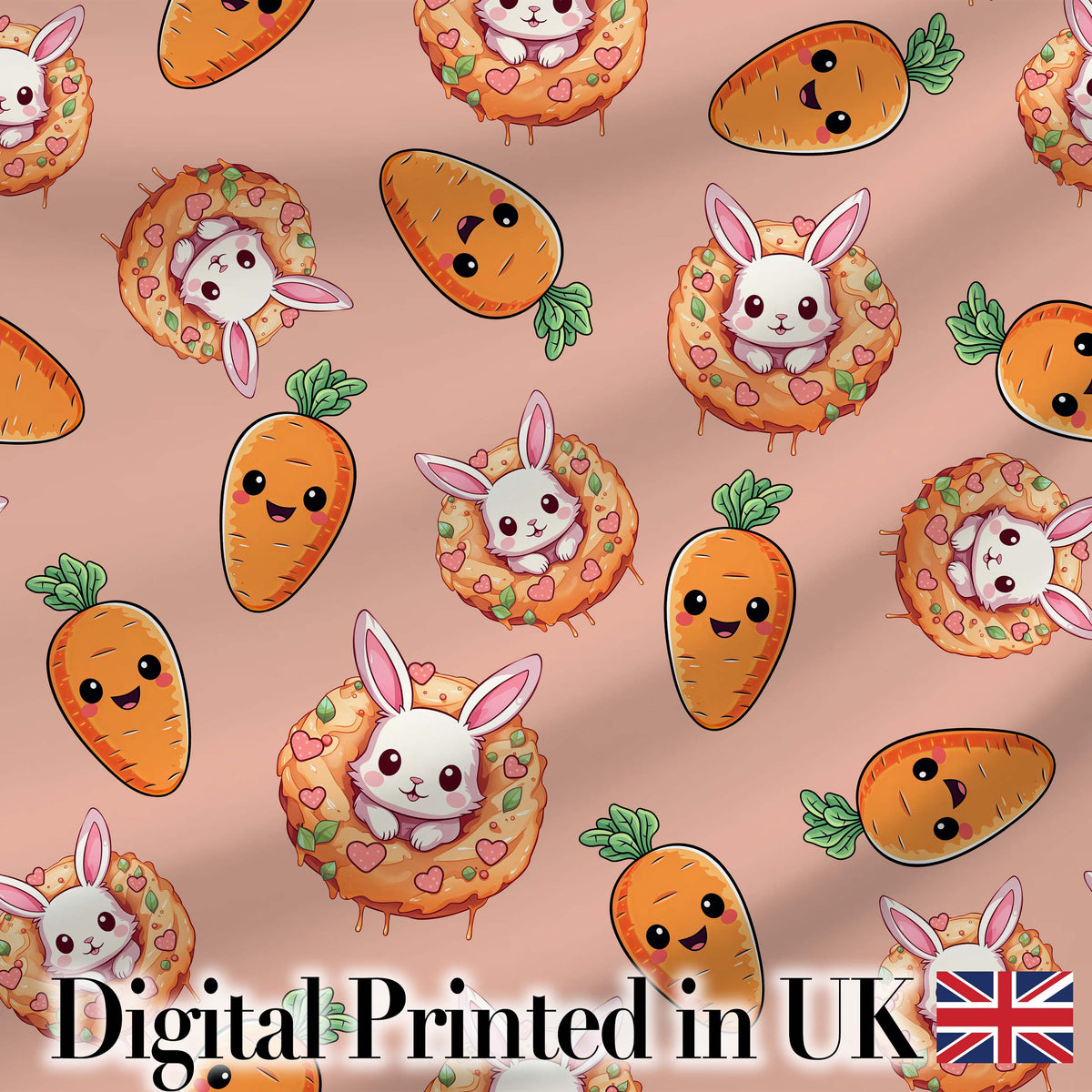 Cute Easter Bunny Carrot Donut Hearts Seamless Pattern Peach Background Digital Print Fabric by the Metre UK Sewing Quilting Textile