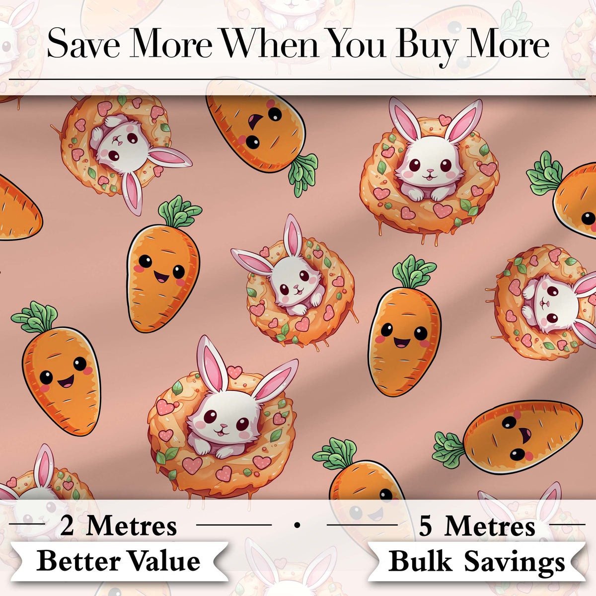 Cute Easter Bunny Carrot Donut Hearts Seamless Pattern Peach Background Digital Print Fabric by the Metre UK Sewing Quilting Textile