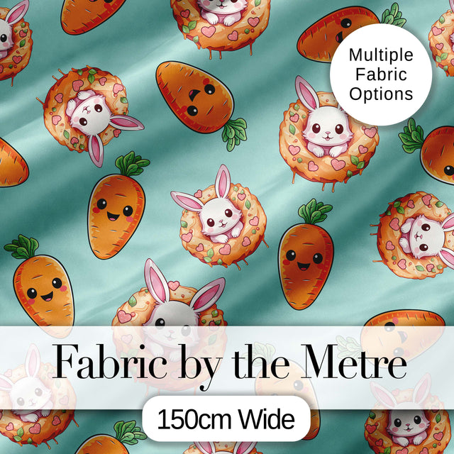 Cute Easter Bunny Carrot Donut Hearts Seamless Pattern Mint Green Background Digital Print Fabric by the Metre UK Sewing Quilting Textile