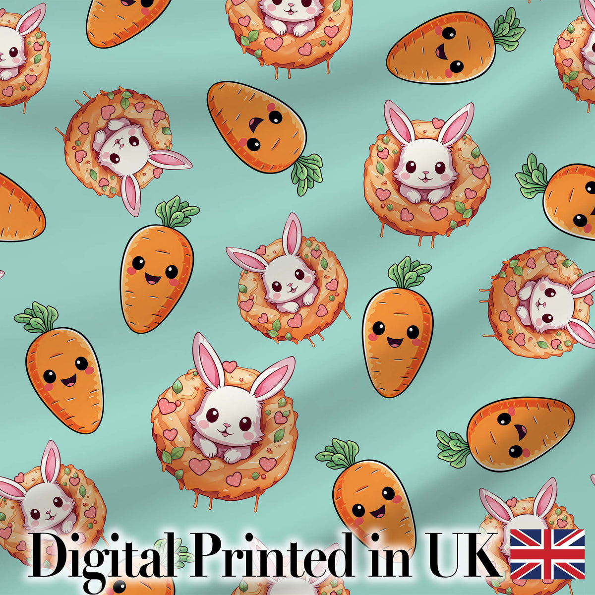 Cute Easter Bunny Carrot Donut Hearts Seamless Pattern Mint Green Background Digital Print Fabric by the Metre UK Sewing Quilting Textile