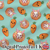 Cute Easter Bunny Carrot Donut Hearts Seamless Pattern Mint Green Background Digital Print Fabric by the Metre UK Sewing Quilting Textile