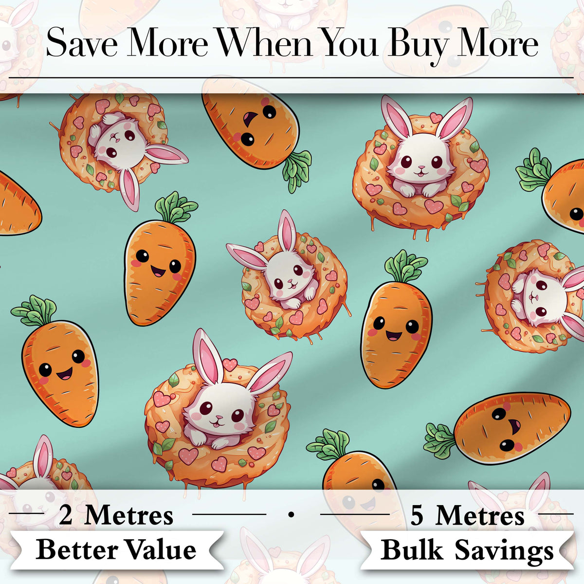 Cute Easter Bunny Carrot Donut Hearts Seamless Pattern Mint Green Background Digital Print Fabric by the Metre UK Sewing Quilting Textile