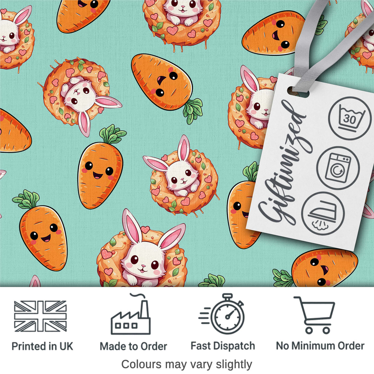 Cute Easter Bunny Carrot Donut Hearts Seamless Pattern Mint Green Background Digital Print Fabric by the Metre UK Sewing Quilting Textile