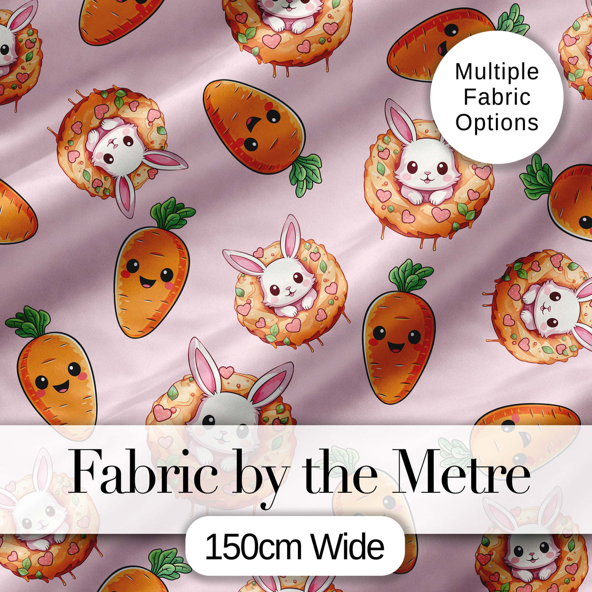Cute Easter Bunny Carrot Donut Hearts Seamless Pattern Blush Pink Background Digital Print Fabric by the Metre UK Sewing Quilting Textile