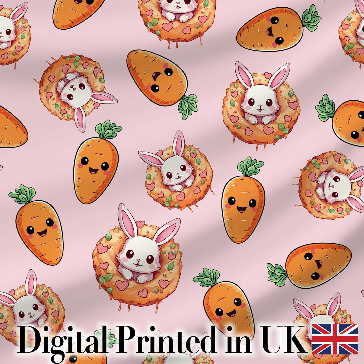 Cute Easter Bunny Carrot Donut Hearts Seamless Pattern Blush Pink Background Digital Print Fabric by the Metre UK Sewing Quilting Textile