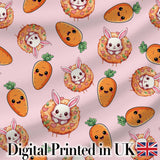 Cute Easter Bunny Carrot Donut Hearts Seamless Pattern Blush Pink Background Digital Print Fabric by the Metre UK Sewing Quilting Textile
