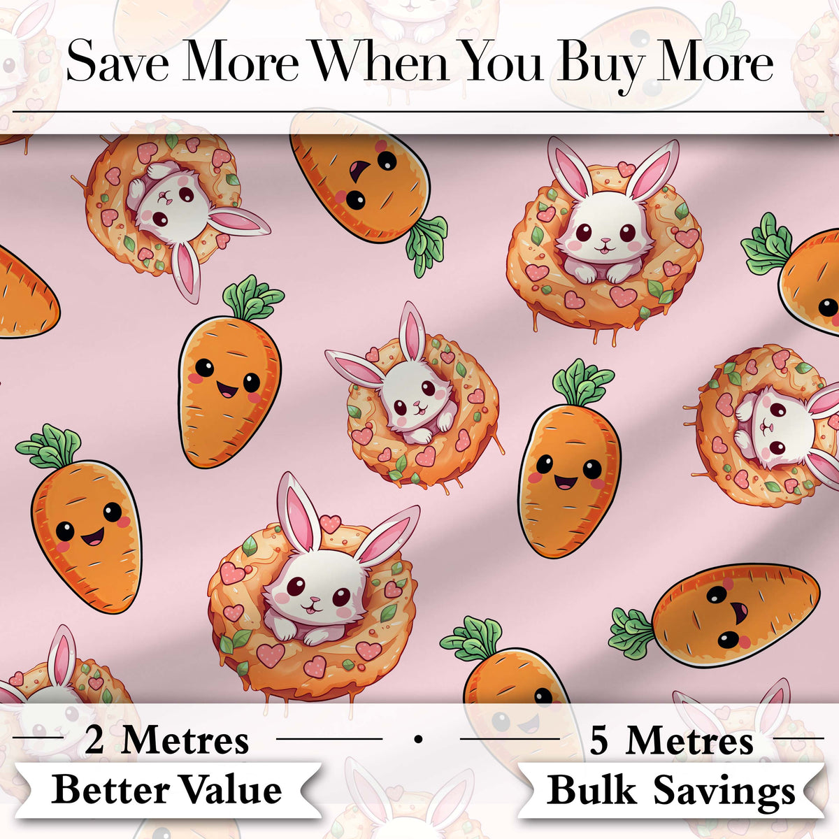 Cute Easter Bunny Carrot Donut Hearts Seamless Pattern Blush Pink Background Digital Print Fabric by the Metre UK Sewing Quilting Textile