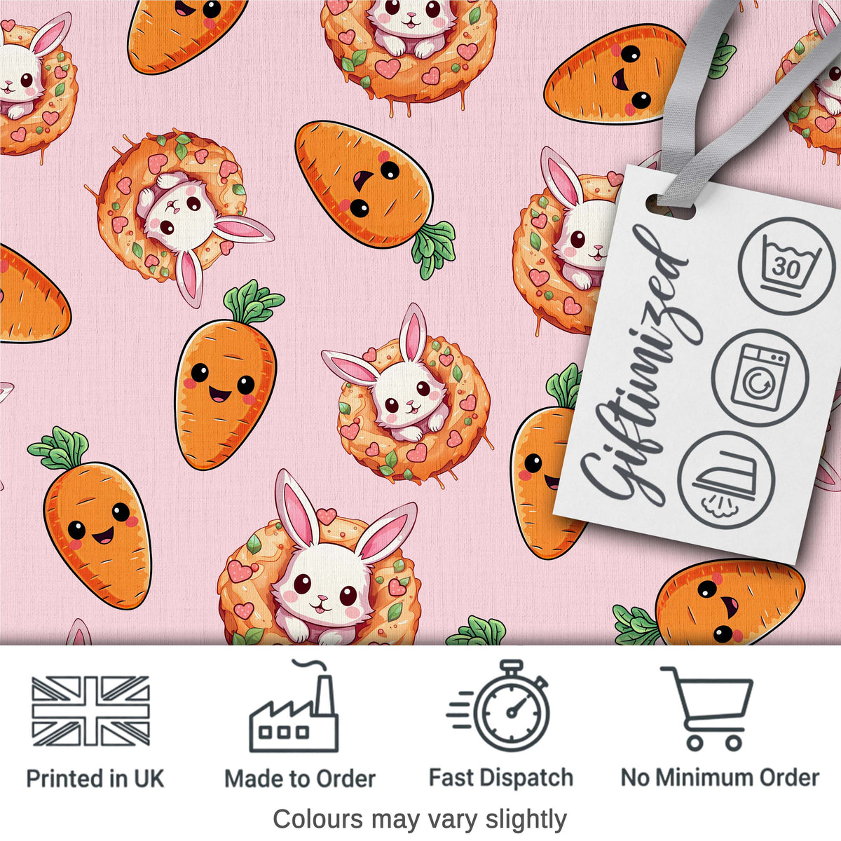 Cute Easter Bunny Carrot Donut Hearts Seamless Pattern Blush Pink Background Digital Print Fabric by the Metre UK Sewing Quilting Textile